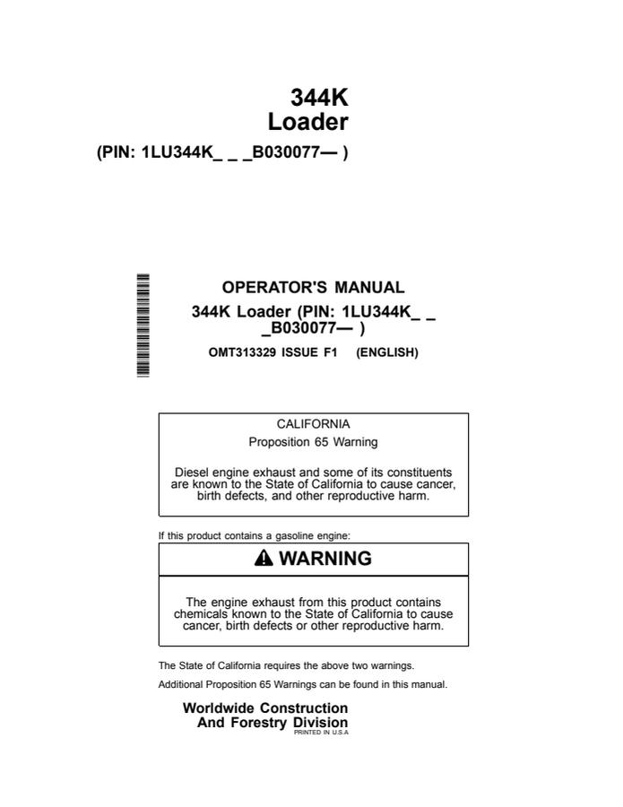 John Deere 344K Loader Operator manual OMT313329 — actual manual cover