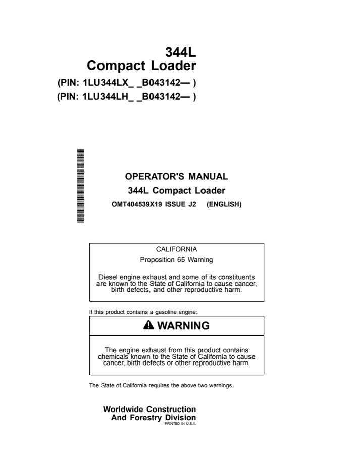 John Deere 344L Compact loader Operator manual OMT404539X19 — actual manual cover