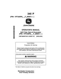 John Deere 345 P-tier Gen-A Excavator Operator manual OMT480097X019 — actual manual cover