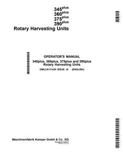 John Deere 345plus, 360plus, 375plus, 390plus Rotary harvesting unit Operator manual OMLCA111424 — actual manual cover