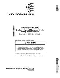 John Deere 345plus, 360plus, 375plus and 390plus Rotary harvesting unit Operator manual OMLCA109308 — actual manual cover