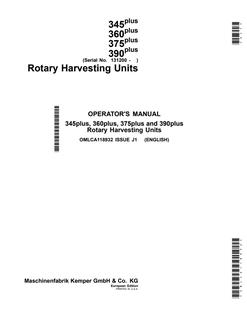 John Deere 345plus, 360plus, 375plus and 390plus Rotary harvesting unit Operator manual OMLCA118932 — actual manual cover