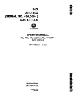 John Deere 34G, 44G Gas grill Operators manual OMTY20550 — actual manual cover