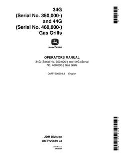 John Deere 34G and 44G Gas grill Operator manual OMTY20669 — actual manual cover