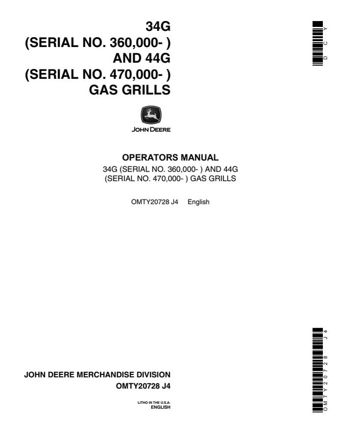 John Deere 34G and 44G Gas grill Operator manual OMTY20728 — actual manual cover