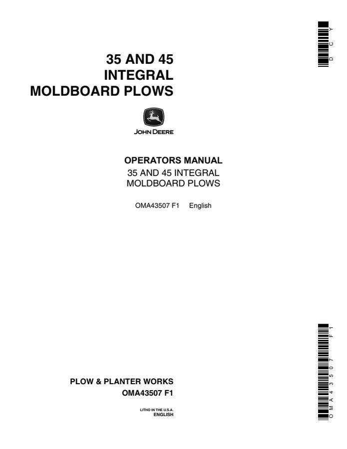 John Deere 35 and 45 Moldboard plow Operator manual OMA43507 — actual manual cover