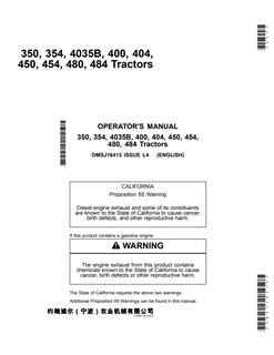 John Deere 350, 354, 4035B, 400, 404, 450, 454, 480 and 484 Tractor Operator manual OMSJ16413 — actual manual cover