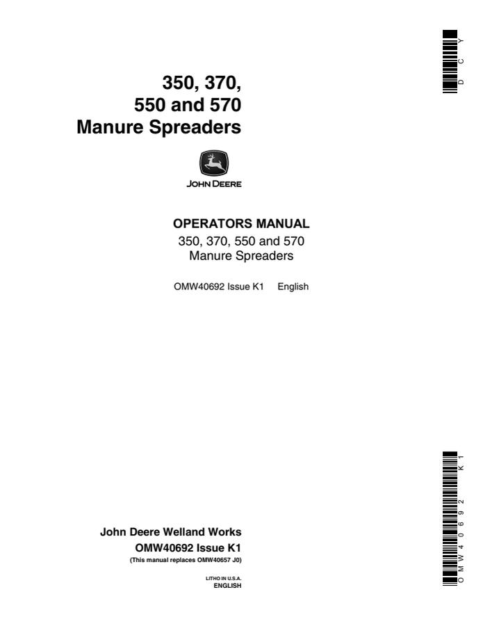 John Deere 350, 370, 550 and 570 Manure spreader Operator manual OMW40692 — actual manual cover