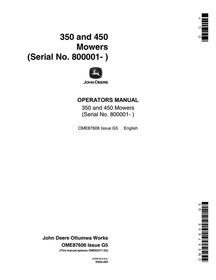 John Deere 350 and 450 Mower Operator manual OME87606 — actual manual cover