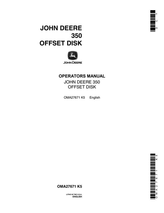 John Deere 350 Offset disk Operator manual OMA27671 — actual manual cover