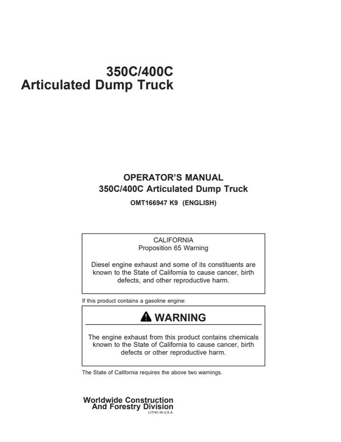 John Deere 350C and 400C Articulated dump truck Operator manual OMT166947 — actual manual cover