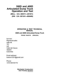 John Deere 350D, 400D Articulated Dump Truck Operation and Test Technical Manual TM1940 — actual manual cover