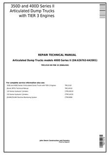 John Deere 350D, 400D Series II Articulated Dump Truck Repair Technical Manual TM11519 — actual manual cover