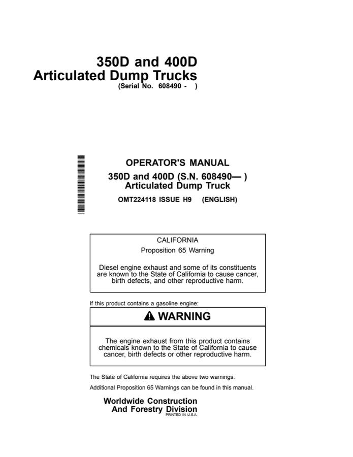 John Deere 350D and 400D Articulated dump truck Operator manual OMT224118 — actual manual cover