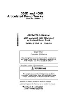John Deere 350D and 400D Articulated dump truck Operator manual OMT224118 — actual manual cover