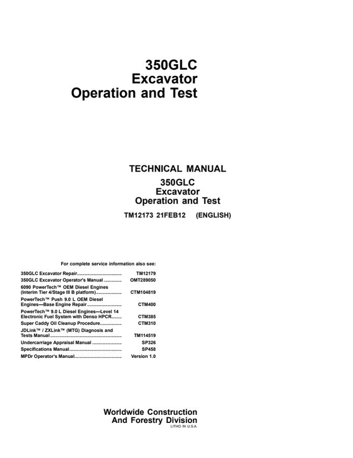 John Deere 350GLC Excavator Operation and Test Manual — actual manual cover