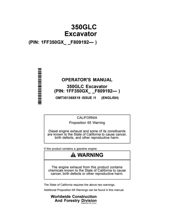 John Deere 350GLC Excavator Operator manual OMT351368X19 — actual manual cover