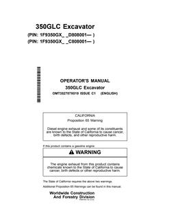John Deere 350GLC Excavator Operator manual OMT352707X019 — actual manual cover