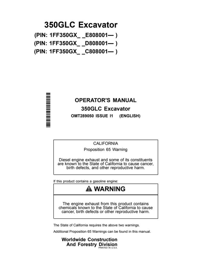 John Deere 350GLC Excavator Operator's Manual — actual manual cover