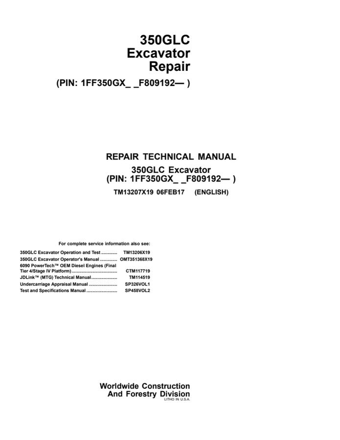 John Deere 350GLC Excavator Repair technical manual TM13207X19 — actual manual cover