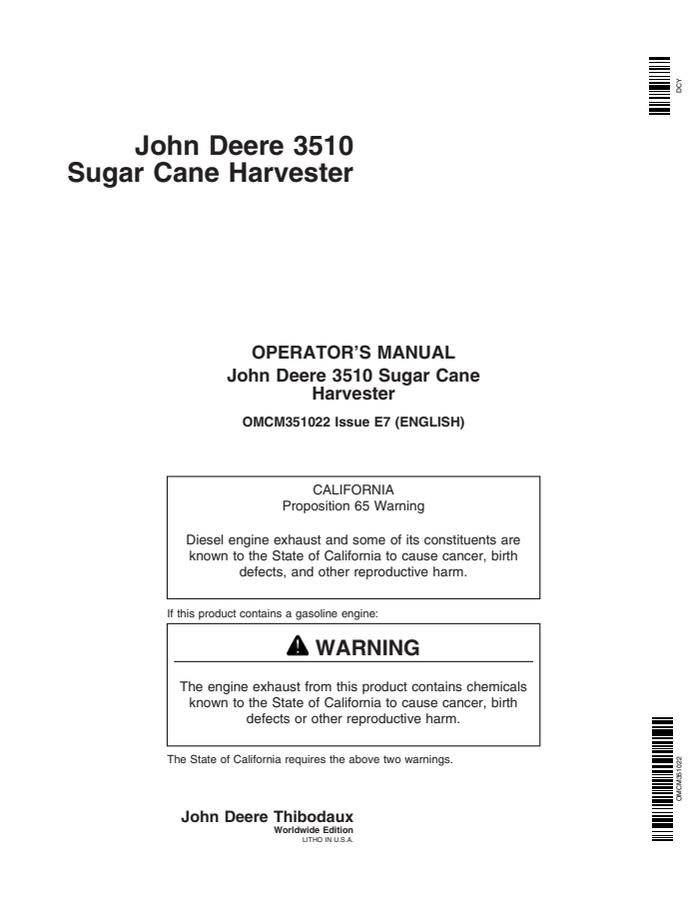 John Deere 3510 Sugar Cane Harvester Operator Manual OMCM351022 — actual manual cover
