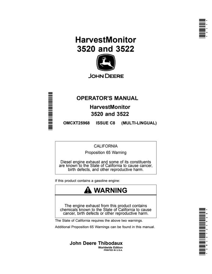 John Deere 3520 and 3522 HarvestMonitor Operator manual OMCXT25968 — actual manual cover