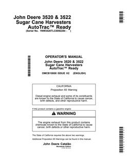 John Deere 3520 and 3522 Sugar cane harvester Operator manual OMCB10008 — actual manual cover