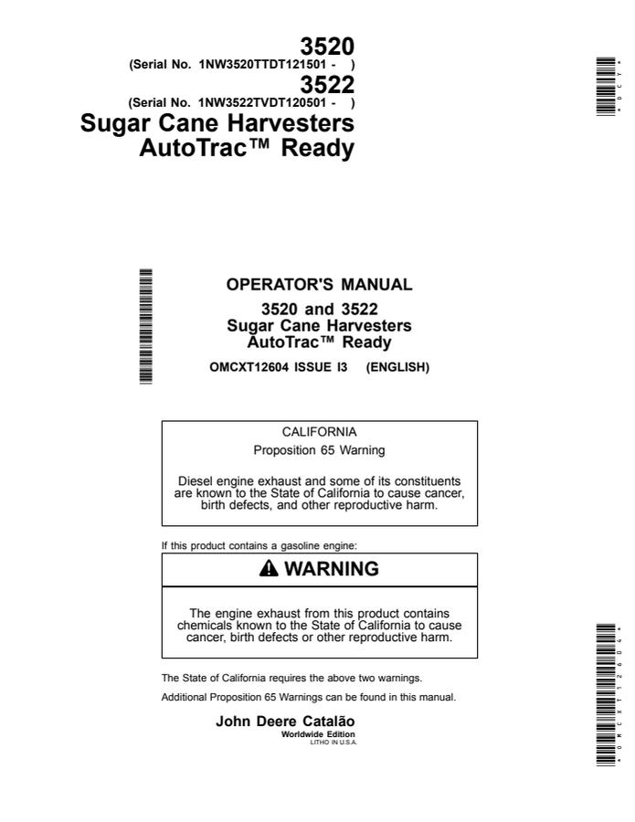 John Deere 3520 and 3522 Sugar cane harvester Operator manual OMCXT12604 — actual manual cover