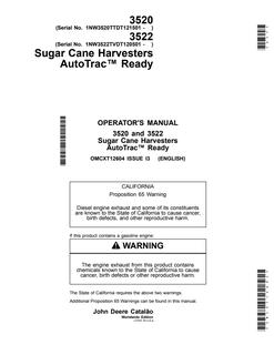 John Deere 3520 and 3522 Sugar cane harvester Operator manual OMCXT12604 — actual manual cover