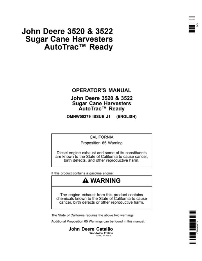 John Deere 3520 and 3522 Sugar cane harvester Operator manual OMNW00279 — actual manual cover