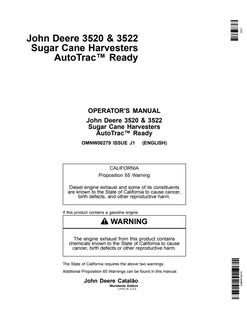 John Deere 3520 and 3522 Sugar cane harvester Operator manual OMNW00279 — actual manual cover