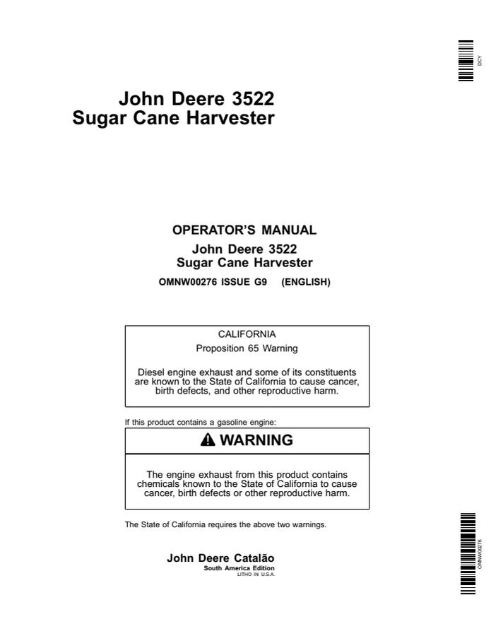 John Deere 3522 Sugar cane harvester Operator manual OMNW00276 — actual manual cover
