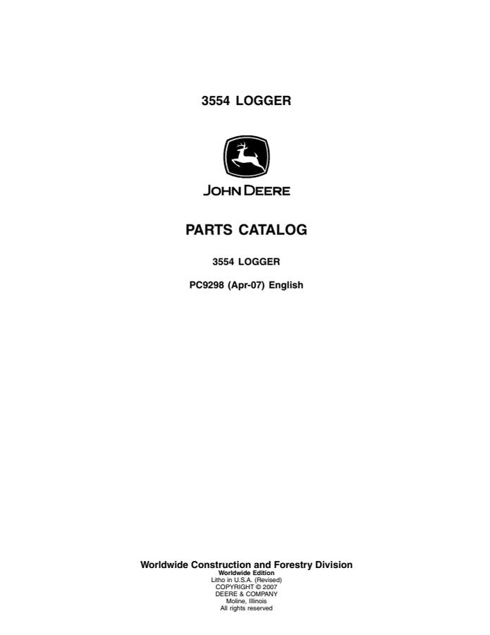 John Deere 3554 Logger Parts Catalog PC9298 — actual manual cover