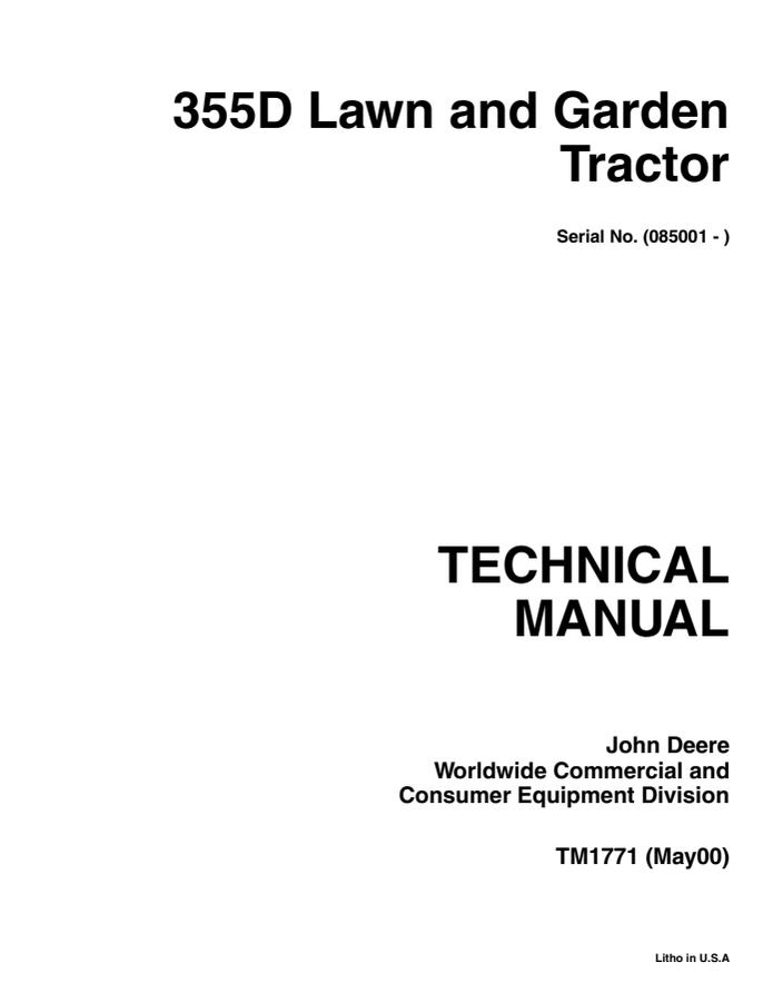John Deere 355D Lawn and Garden Tractor Technical Manual TM1771 — actual manual cover