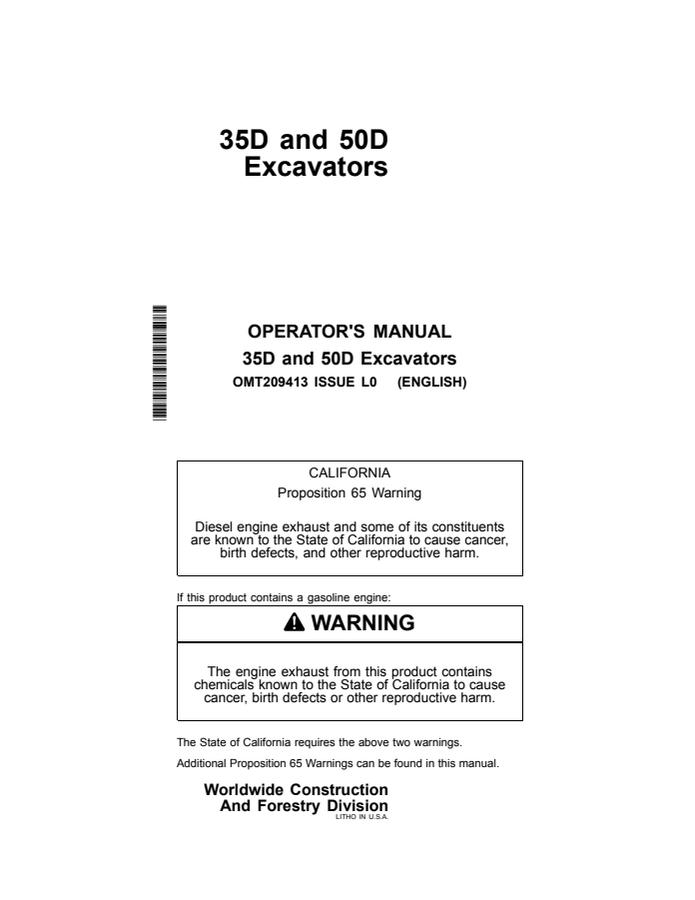 John Deere 35D and 50D Excavator Operator manual OMT209413 — actual manual cover