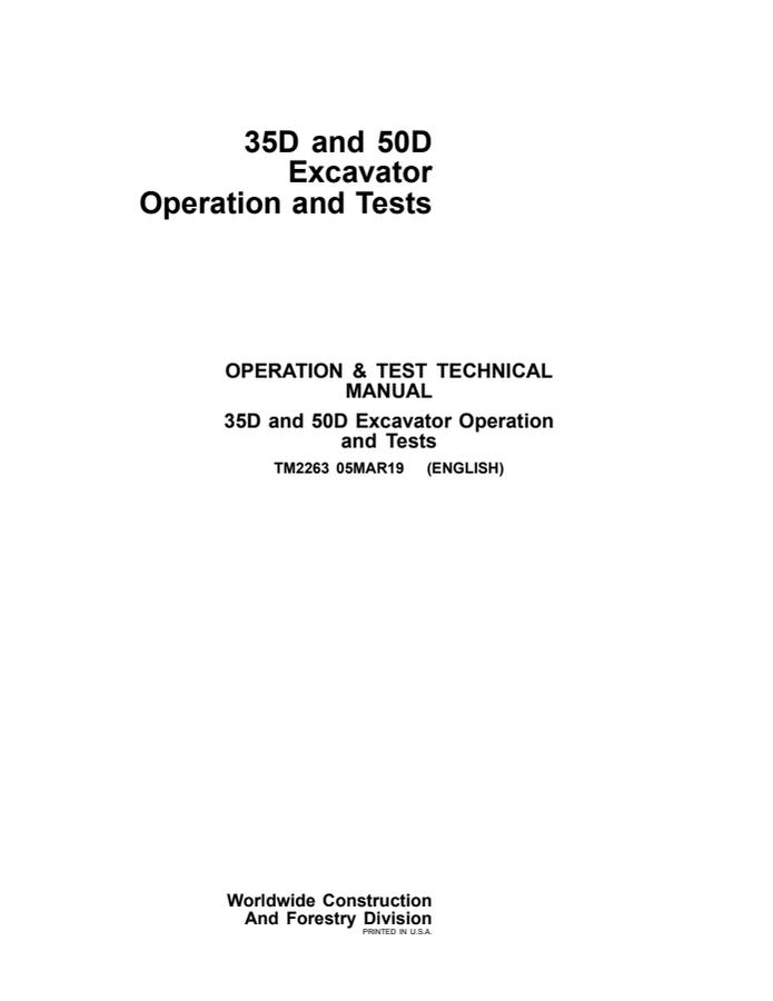 John Deere 35D and 50D Excavators Operation and Tests Manual — actual manual cover