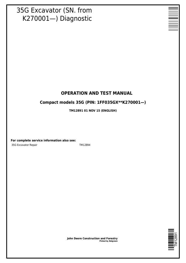 John Deere 35G Excavator Diagnostic operation and test manual TM12891 — actual manual cover