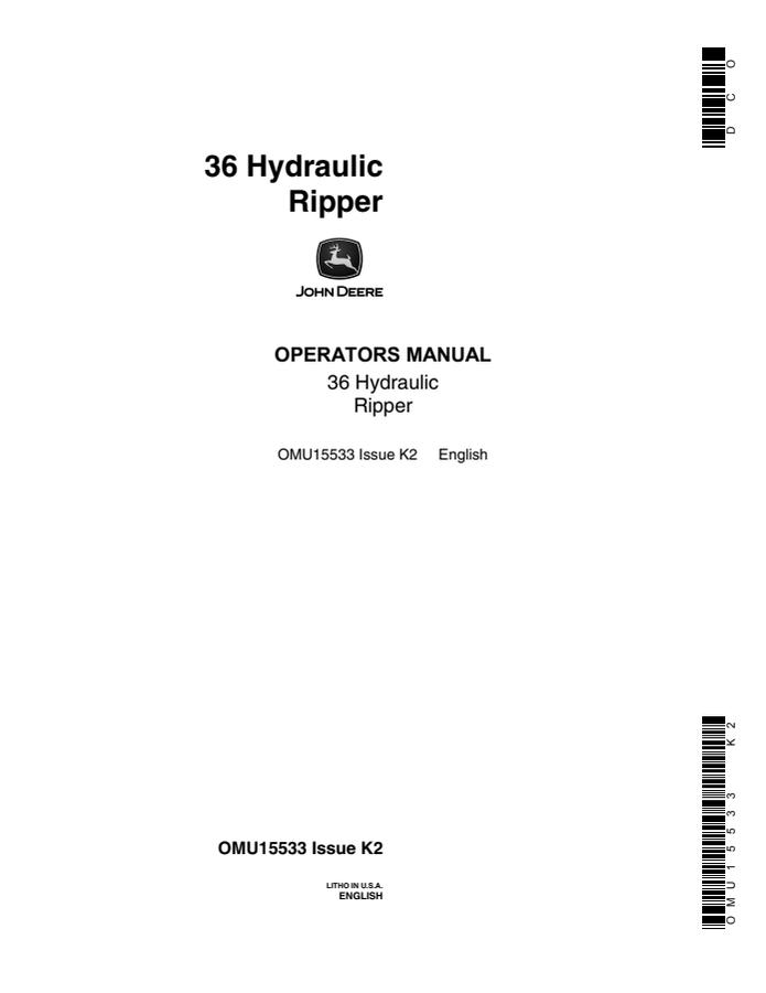 John Deere 36 Hydraulic ripper Operator manual OMU15533 — actual manual cover