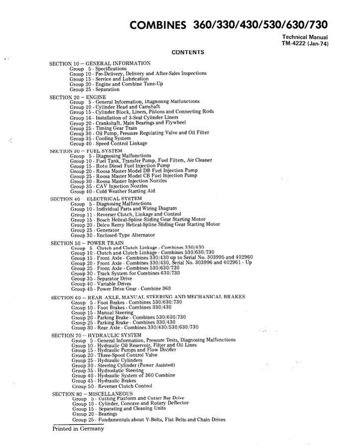 John Deere 360, 330, 430, 530, 630, 730 Combine Technical Manual TM4222 — actual manual cover