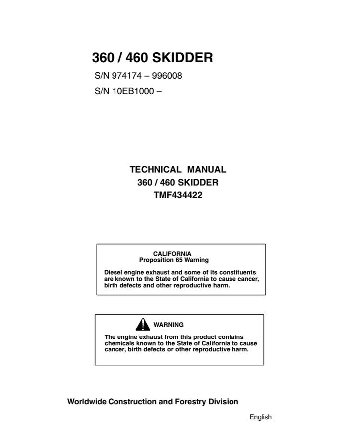 John Deere 360, 460 Skidder Technical manual — actual manual cover