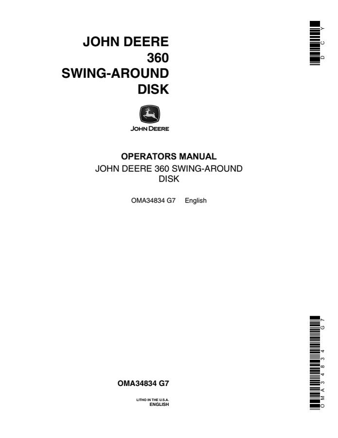 John Deere 360 Disk Operator manual OMA34834 — actual manual cover