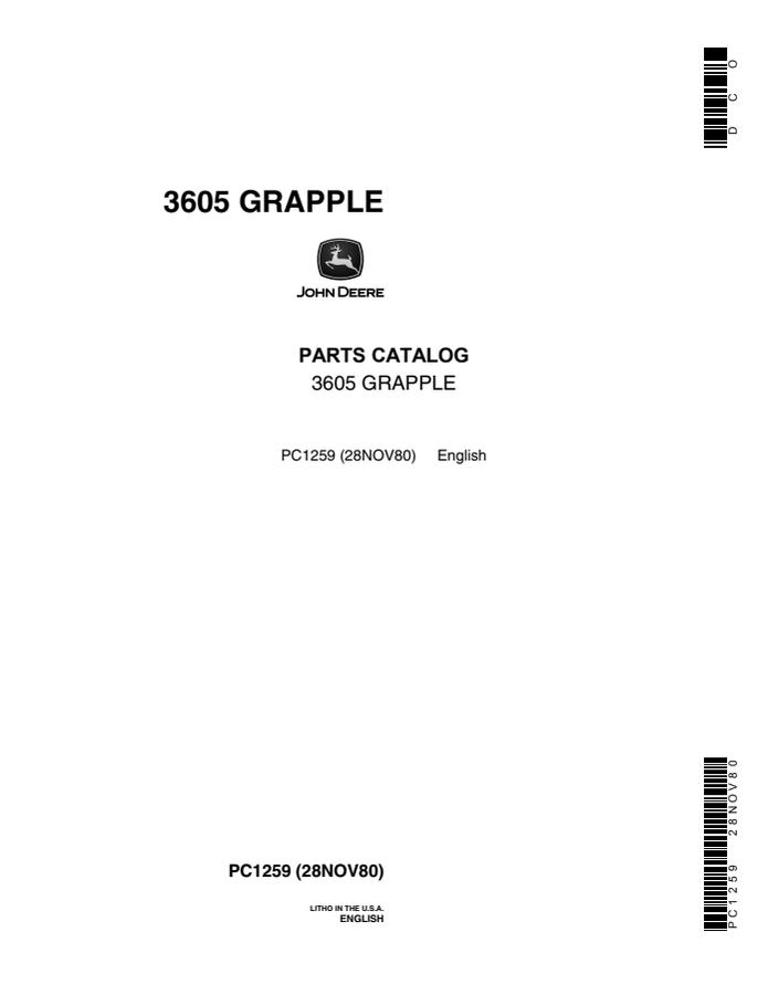 John Deere 3605 Grapple Parts catalog PC1259 — actual manual cover
