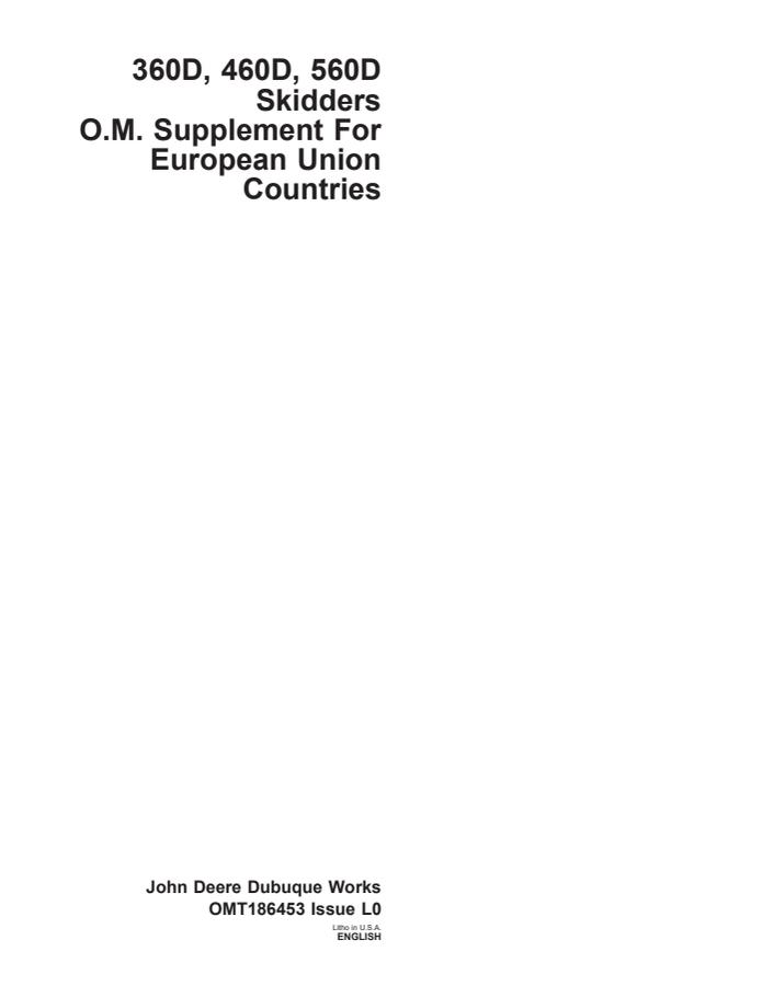 John Deere 360D, 460D and 560D Skidder supplement Supplement OMT186453 — actual manual cover
