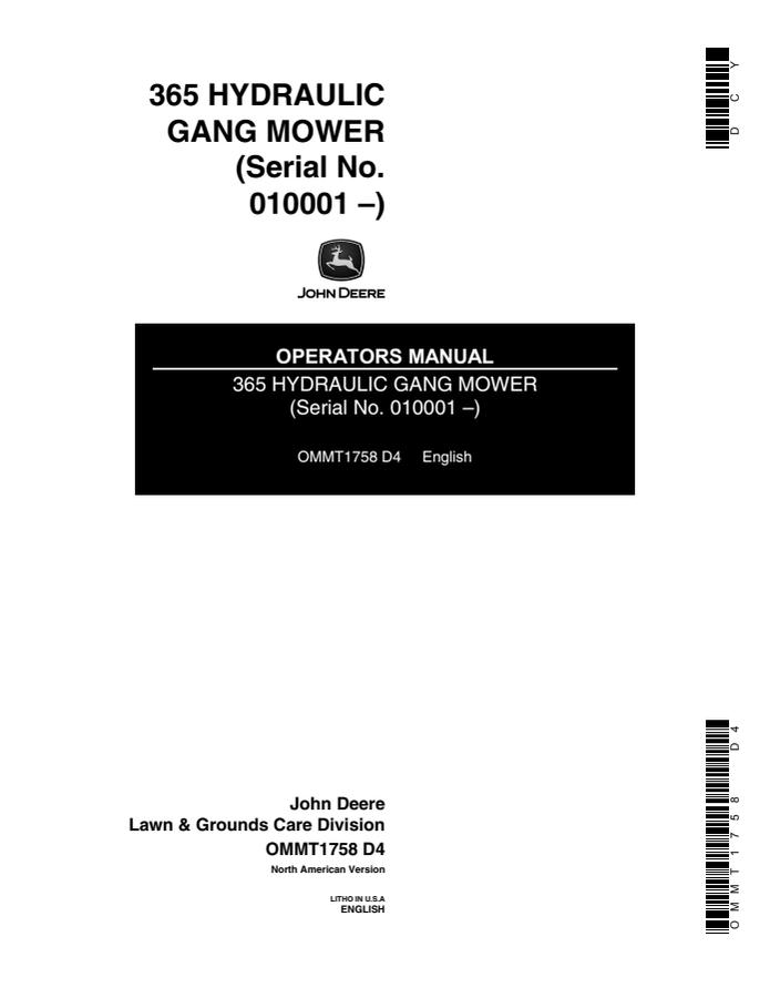John Deere 365 Hydraulic gang mower Operator manual OMMT1758 — actual manual cover