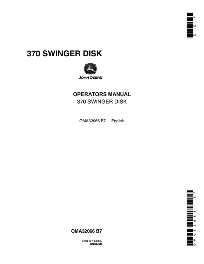 John Deere 370 Swinger disk Operator manual OMA32066 — actual manual cover