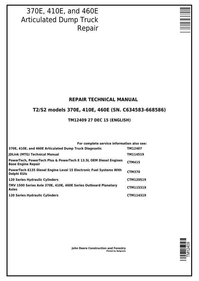 John Deere 370E, 410E, 460E Articulated Dump Truck Repair Technical Manual TM12409 — actual manual cover