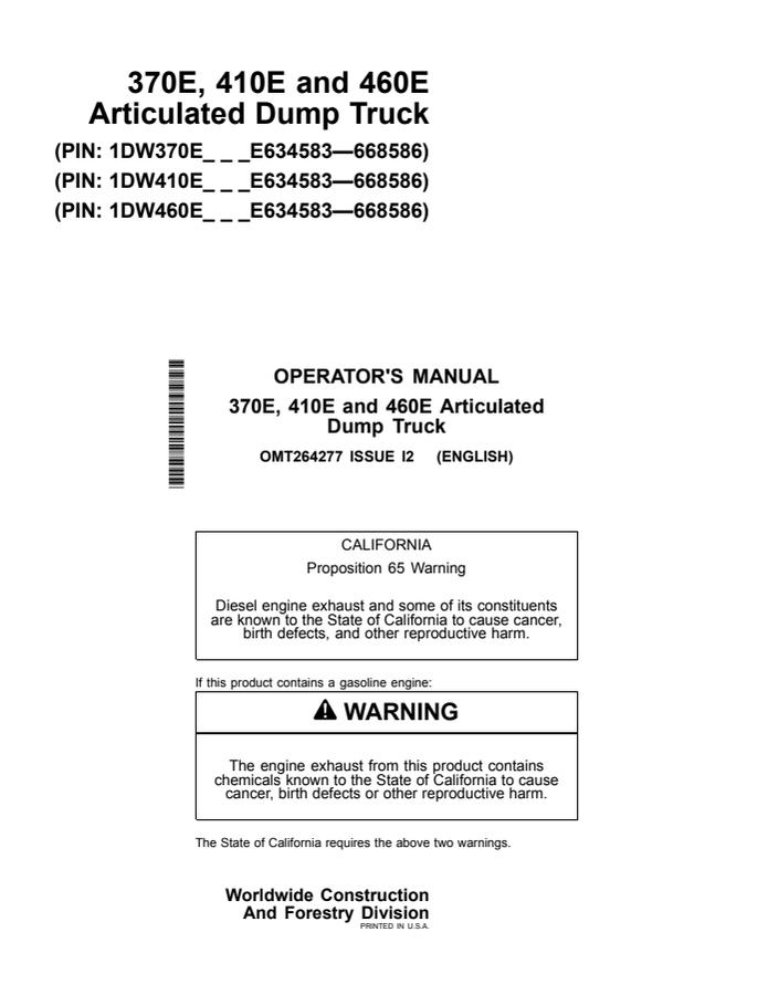 John Deere 370E, 410E and 460E Articulated dump truck Operator manual OMT264277 — actual manual cover