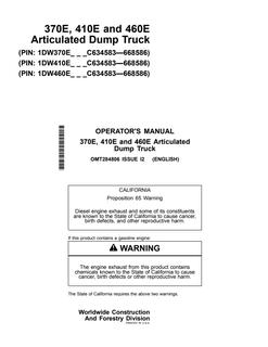 John Deere 370E, 410E and 460E Articulated dump truck Operator manual OMT284806 — actual manual cover