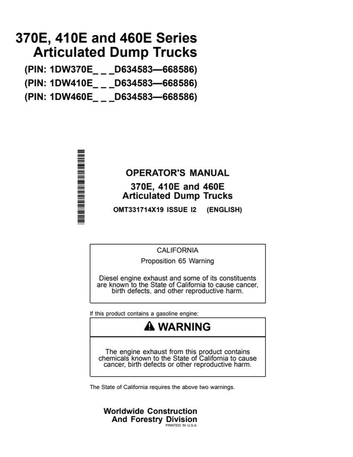 John Deere 370E, 410E and 460E Articulated dump truck Operator manual OMT331714X19 — actual manual cover