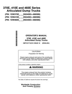 John Deere 370E, 410E and 460E Articulated dump truck Operator manual OMT331714X19 — actual manual cover